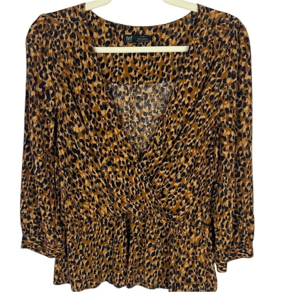 Zara Leopard Print Tan and Brown Fitted Ruched Blouse Size Large